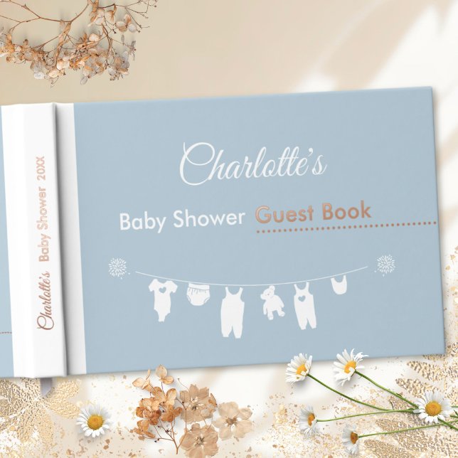 Livre D'or Dusty Blue Minimalist Clothesline Baby Boy Douche (Minimalist Dusty Blue Baby Boy Clothesline Shower Foil Guest Book ©Susanne Sachers - Sunny Mind 🌞)