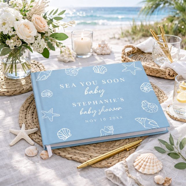 Livre D'or Dusty Blue Sea You Soon Beach Baby Shower (Créateur téléchargé)