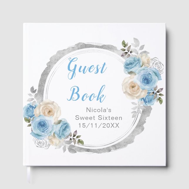Livre D'or Dusty Blue Silver Elegant Flowers Sweet Sixteen (Recto)