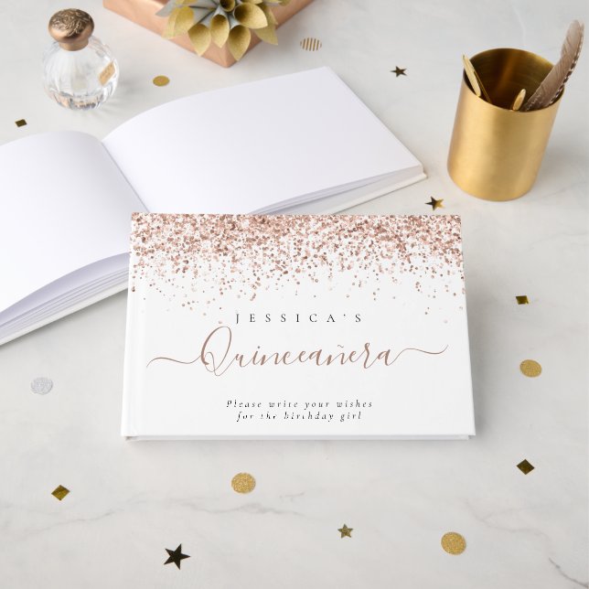 Livre D'or Dusty Rose Parties scintillant Quinceanera (Recto ouvert)