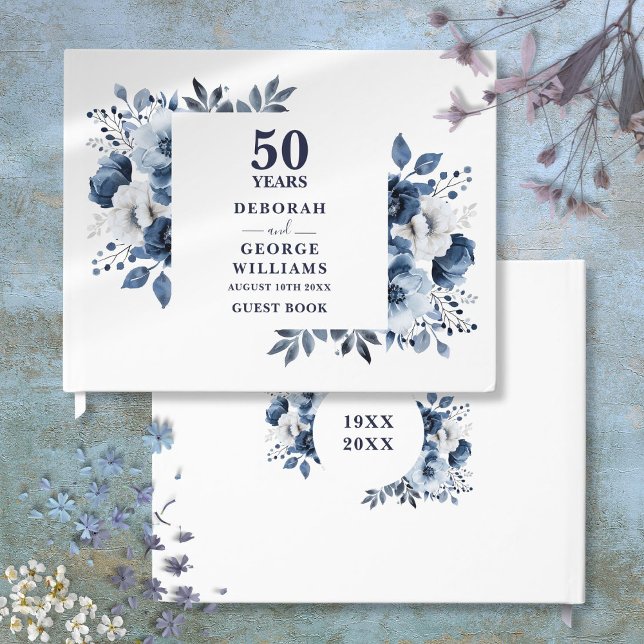 Livre D'or Élégant 50e anniversaire de Mariage de la marine B (Elegant Navy Blue Floral 50th Wedding Anniversary Guest Book)