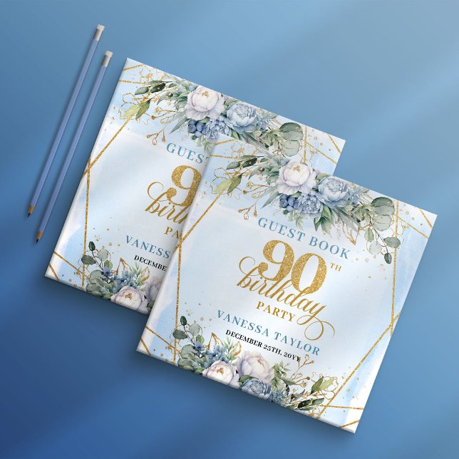 Livre D'or Elegant 90th Birthday Dusty Blue Greenery Frame  (Elegant 90th Birthday Dusty Blue Greenery Frame Guest Book

)