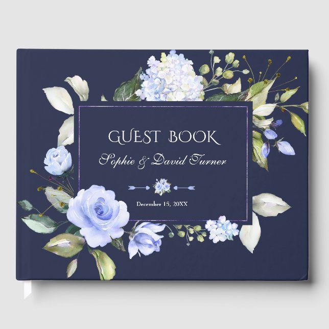 Livre D'or Elégant Aquarelle bleu Fleurs Cadre Mariage Marine (Recto)