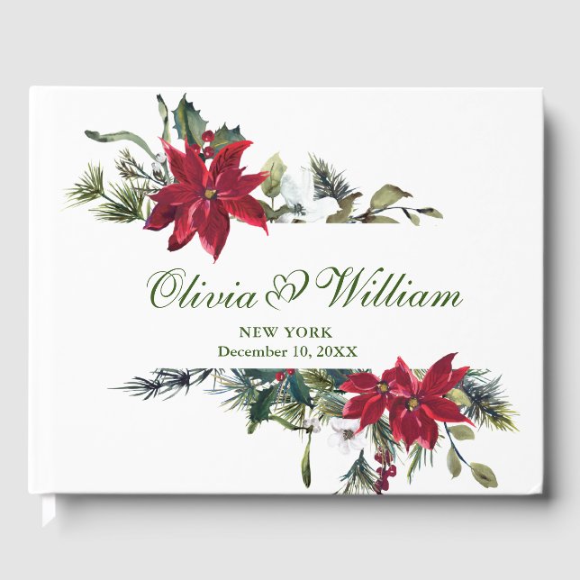 Livre D'or Elégant Aquarelle Rouge Poinsettia Mariage de pin (Recto)