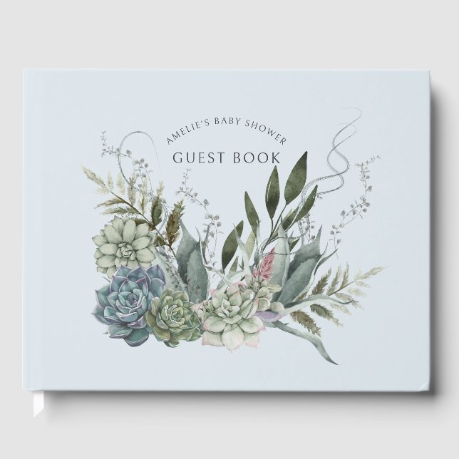 Livre D'or Elégant Aquarelle Succulents Baby shower Bleu (Recto)