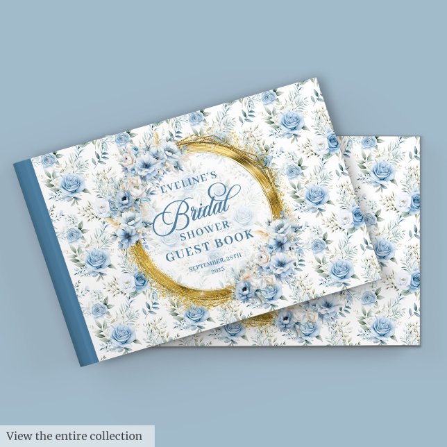 Livre D'or Élégant Baby Shower Bohème Fleurs Roses Bleues et  (Elegant Boho Blue Roses Gold Floral Bridal Shower Guest Book )