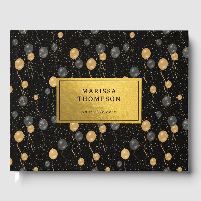 Livre D'or Élégant Black & Gold Balloons Keepsaké (Recto)