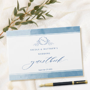 Livre D'or Elégant bleu Aquarelle Monogram Mariage Boo d'hôte