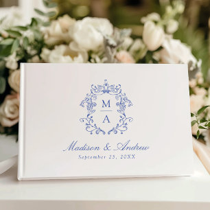 Livre D'or Élégant bleu Chinoiserie Crest Monogram Mariage