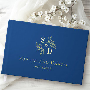 Livre D'or Elégant bleu mariage monogramme vert feuille réel