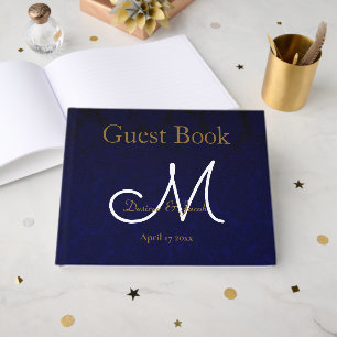 Livre D'or Élégant Bleu Nuit Or Blanc Monogramme Floral