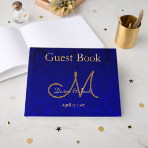 Livre D'or Élégant Bleu Nuit Or Floral Monogramme Moderne