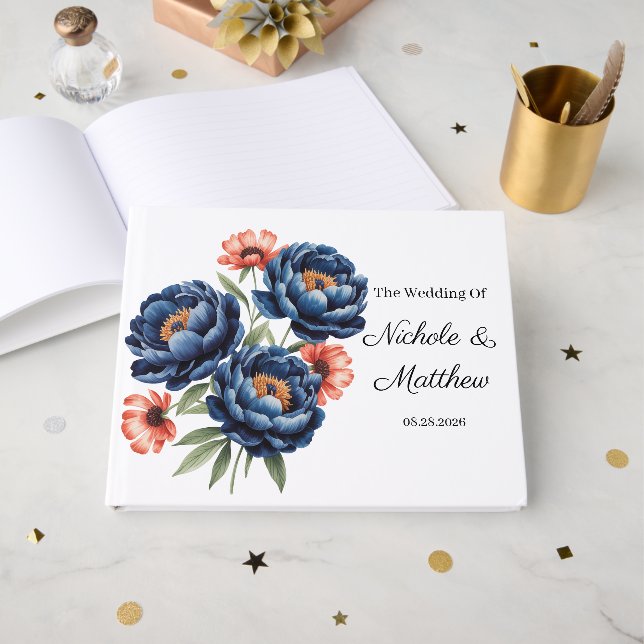 Livre D'or Elegant Blue and Burnt Orange Floral Wedding  (Recto ouvert)