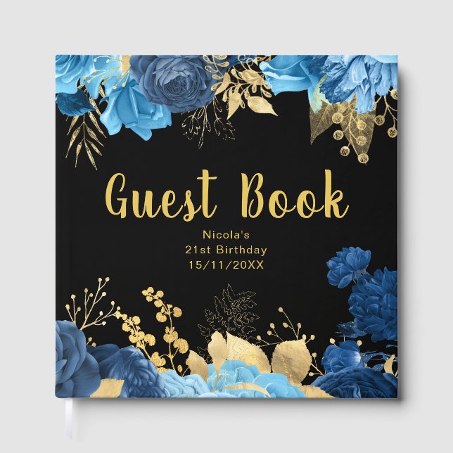 Livre D'or Elegant Blue and Gold Flowers Birthday Party (Recto)