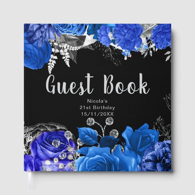 Livre D'or Elegant Blue and Silver Flowers Birthday Party (Recto)