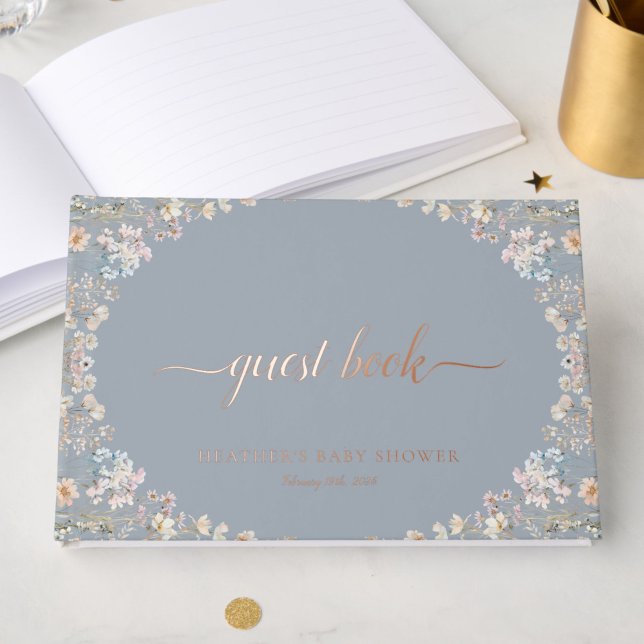 Livre D'or Elegant Blue Wildflower Baby Shower Rose Gold (Créateur téléchargé)