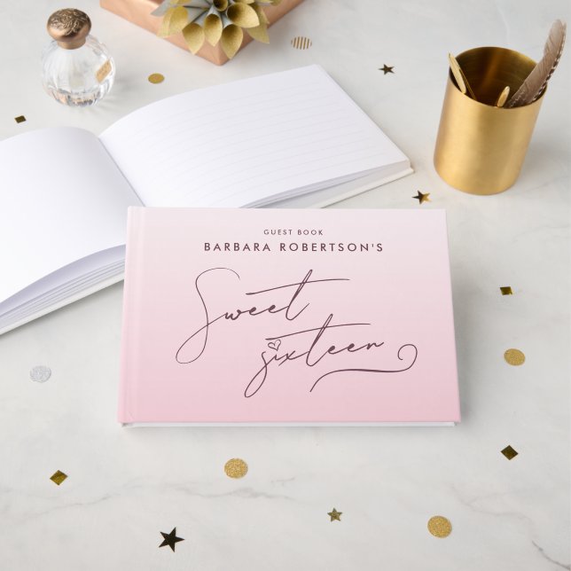 Livre D'or Elegant Blush Pink Ombre Script Sweet Sixteen (Recto ouvert)