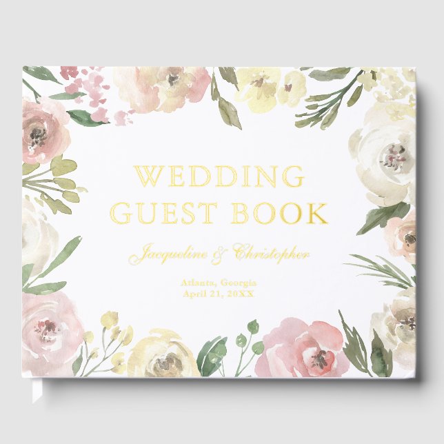 Livre D'or Élégant Blush Rose Floral Custom Gold Foil Mariage (Recto)