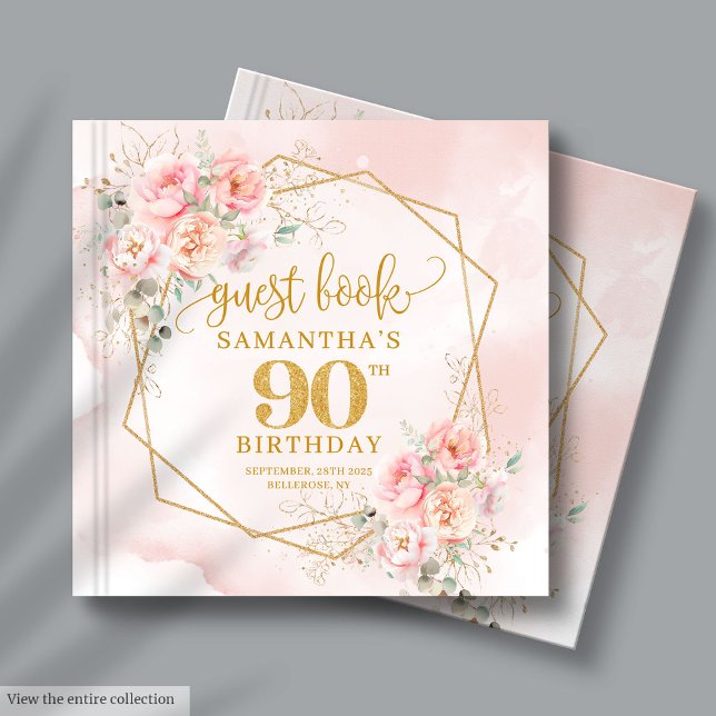 Livre D'or Elégant Boho Blush Pink Gold Floral 90e anniversai (Boho Blush Pink Gold Floral 90th Birthday Guest Book)