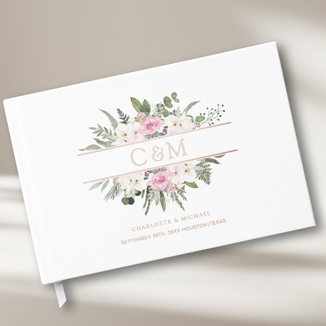 Livre D'or Élégant Boho Floral (Customer-specific, Monogram, Wedding Foil Guest Book, available in rose-gold, gold and silver foil. )