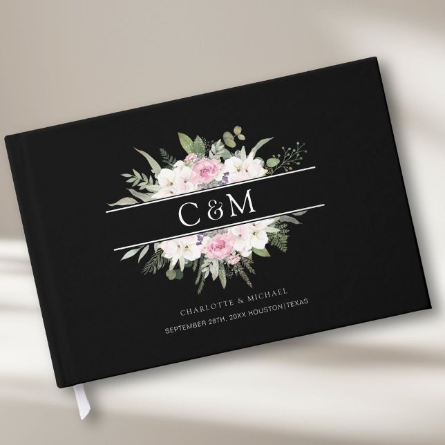 Livre D'or Elégant Boho Floral Argent (Customer-specific, Monogram, Wedding Foil Guest Book, available in rose-gold, gold and silver foil. )