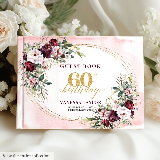 Livre D'or Elegant Boho Merlot Gold Roses 60th Birthday Chic (Elegant Boho Merlot Gold Roses 60th Birthday)