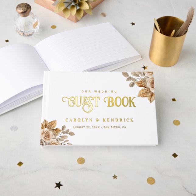 Livre D'or Elégant Boho Neutre Flore Accents Mariage Or (Recto ouvert)