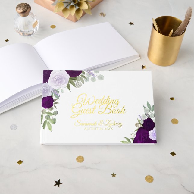 Livre D'or Élégant Boho violet Chic Roses petit Mariage (Recto ouvert)