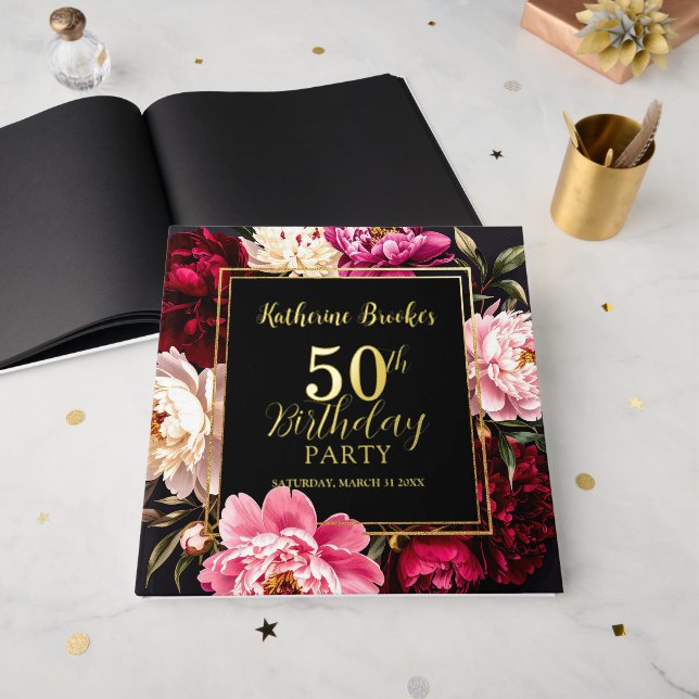 Livre D'or Elegant Burgundy and Blush Peony Floral Birthday (Recto ouvert)