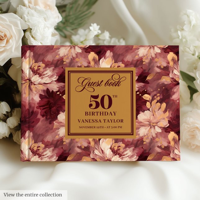 Livre D'or Elégant Burgundy Blush Gold Floral 50e Anniversair (Elegant Burgundy Blush Gold Floral 50th Birthday Guest Book )