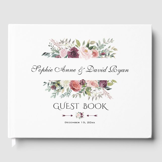 Livre D'or Élégant Burgundy Blush Ivory Floral Wreath Mariage (Recto)