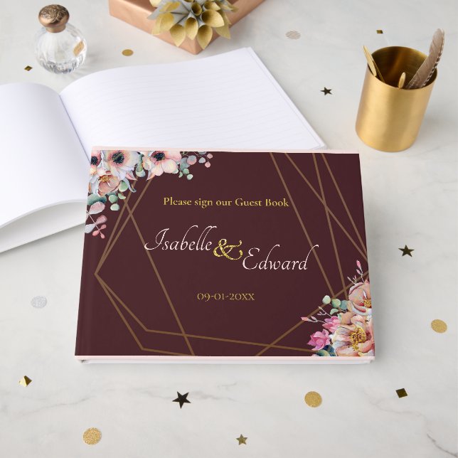 Livre D'or Élégant cadre géométrique floral rose rose d'anémo (Recto ouvert)