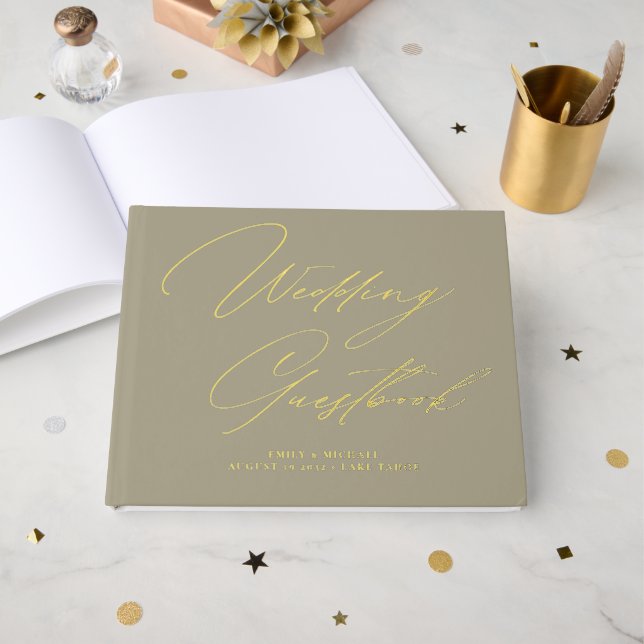 Livre D'or Élégant Calligraphie Taupe Gold Foil Mariage (Recto ouvert)