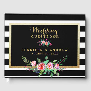Livre D'or Élégant Chic Black Stripes Mariage Floral Or