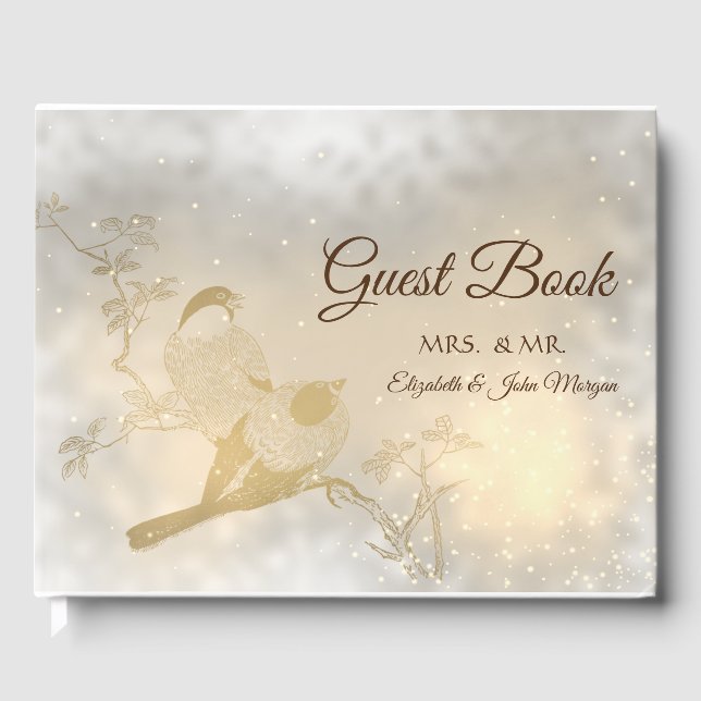 Livre D'or Élégant Chic Cœurs Dorés, Oiseaux  Mariage (Recto)