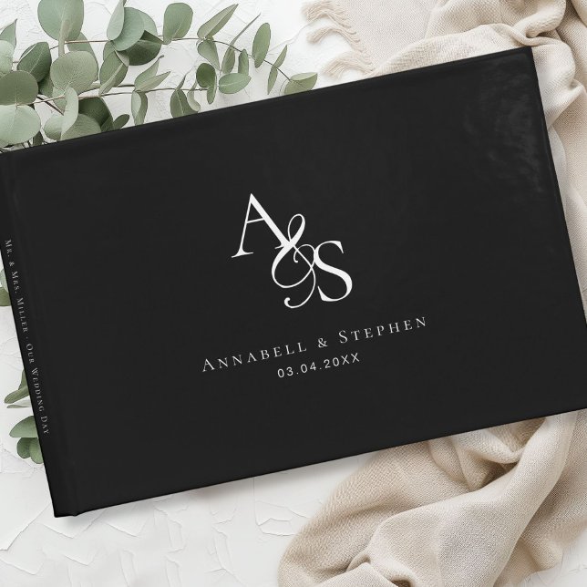 Livre D'or Élégant, Classique, Monogramme, Noir, Mariage (Elegant, Classic, Monogram, Black & White, Wedding Guest Book)