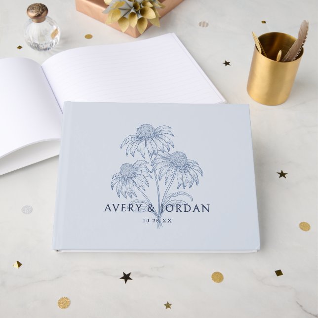 Livre D'or Élégant Confleur Botanique Dusty Mariage Bleu (Recto ouvert)