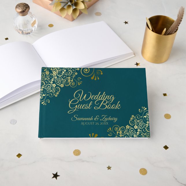 Livre D'or Elegant Dark Teal & Gold Stylish Wedding (Recto ouvert)