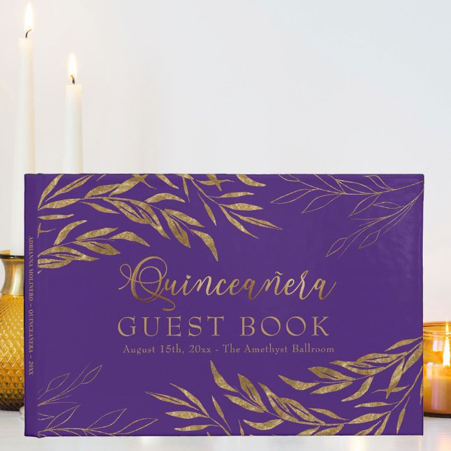 Livre D'or Élégant feuillage Purple et Quinceanera Or (Quinceanera guest book signature book, in purple, from my Gold Leaf Collection
)