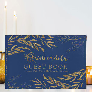 Livre D'or Élégant feuillage Royal Blue et Gold Quinceanera