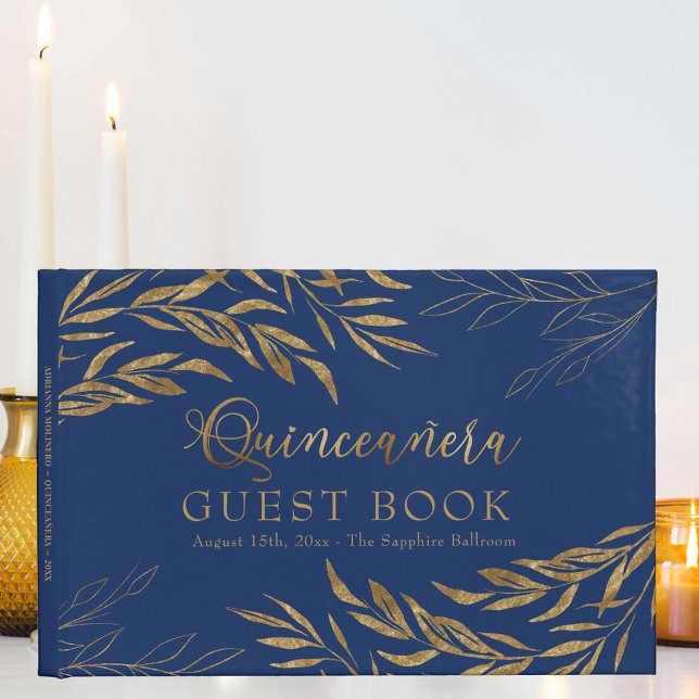 Livre D'or Élégant feuillage Royal Blue et Gold Quinceanera (Quinceanera signature book in blue, from my Gold Leaf Collection)