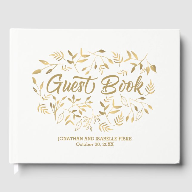 Livre D'or Élégant Feuille blanc et or Boho Glam Mariage (Recto)