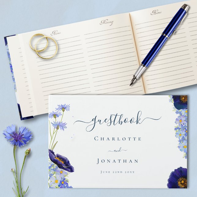 Livre D'or Elégant Fleur sauvage Blue Mariage invité (Elegant blue summer floral watercolor wildflowers stylish typography script wedding guest book)