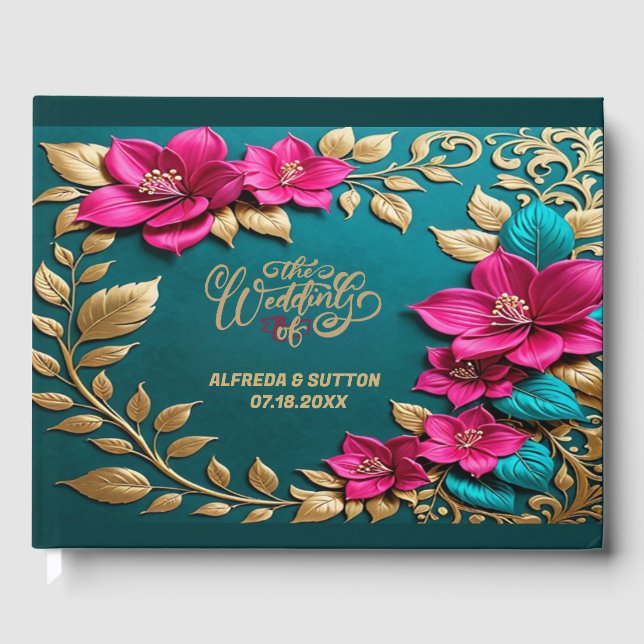 Livre D'or Elégant Fuchsia Pink Turquoise Blue Gold Mariage (Recto)