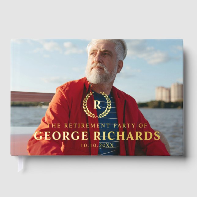 Livre D'or Elegant Gold Laurel Wreath Photo Retraite Party (Recto)