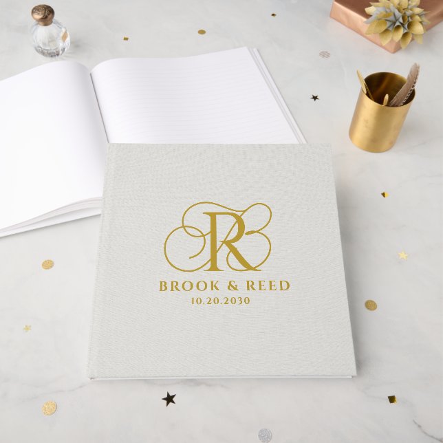 Livre D'or Elegant Gold Wedding Monogram (Recto ouvert)