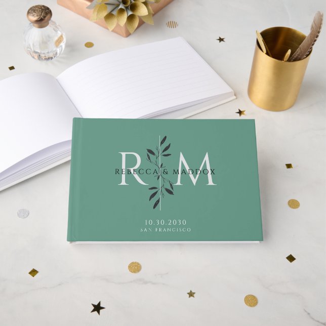 Livre D'or Elegant Gray Green Botanical Monogram Wedding (Recto ouvert)