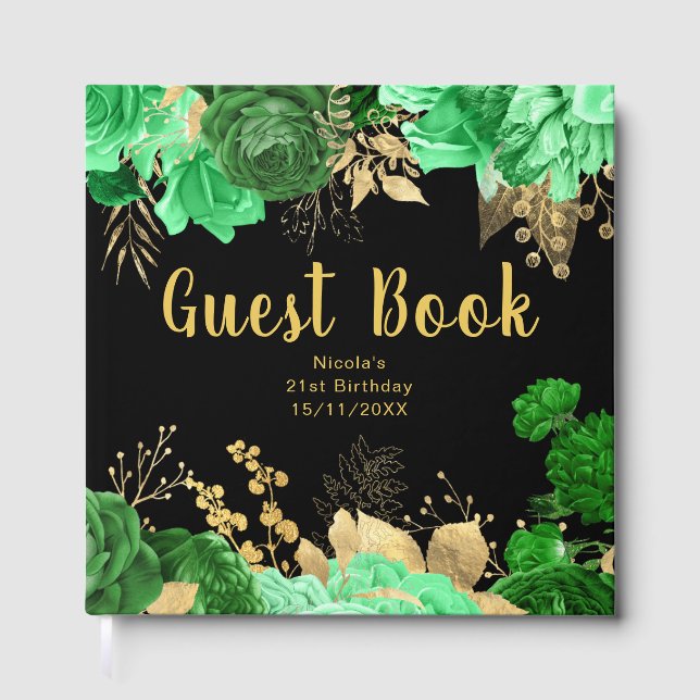 Livre D'or Elegant Green and Gold Flowers Birthday Party (Recto)