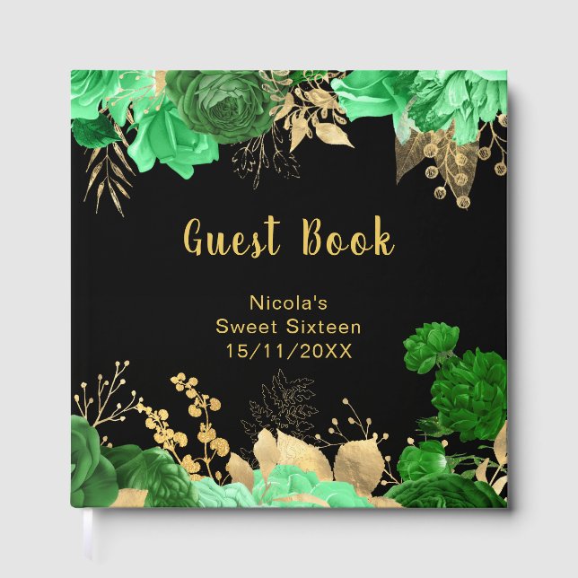 Livre D'or Elegant Green and Gold Flowers Sweet Sixteen (Recto)