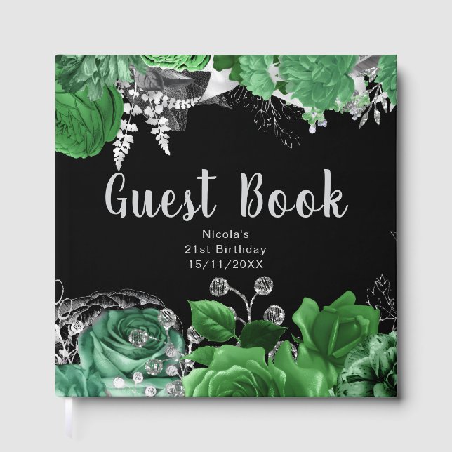 Livre D'or Elegant Green and Silver Flowers Birthday Party (Recto)